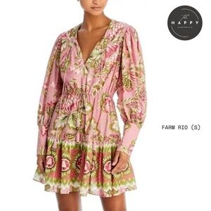 Farm Rio Aura Peasant Dress Women's Pink Floral Cotton Beaded Tassels Boho (S)